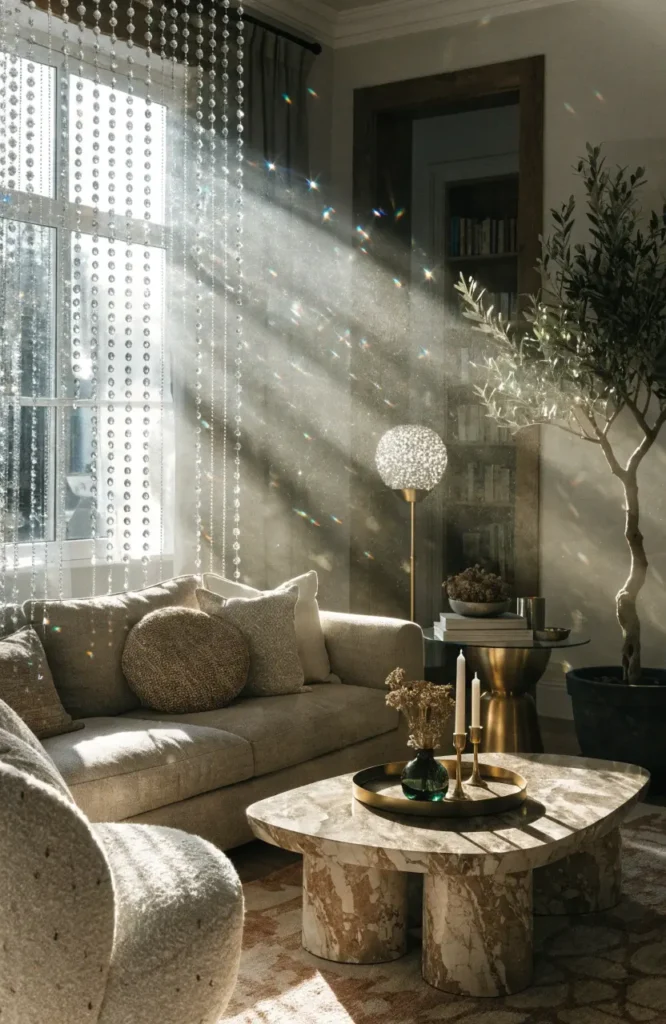 Crystal beaded curtain reflecting sunlight in a modern boho room.