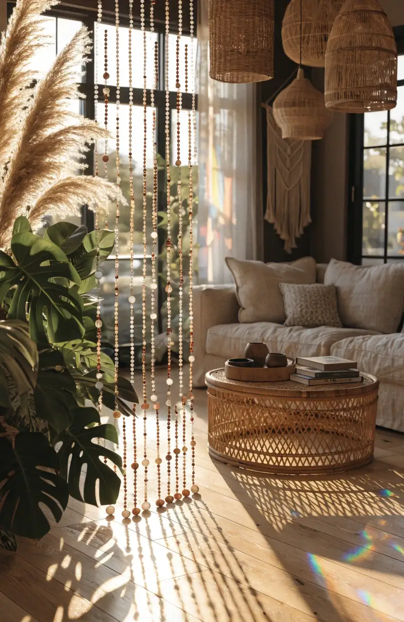 DIY colorful beaded curtain in a cozy boho living room.