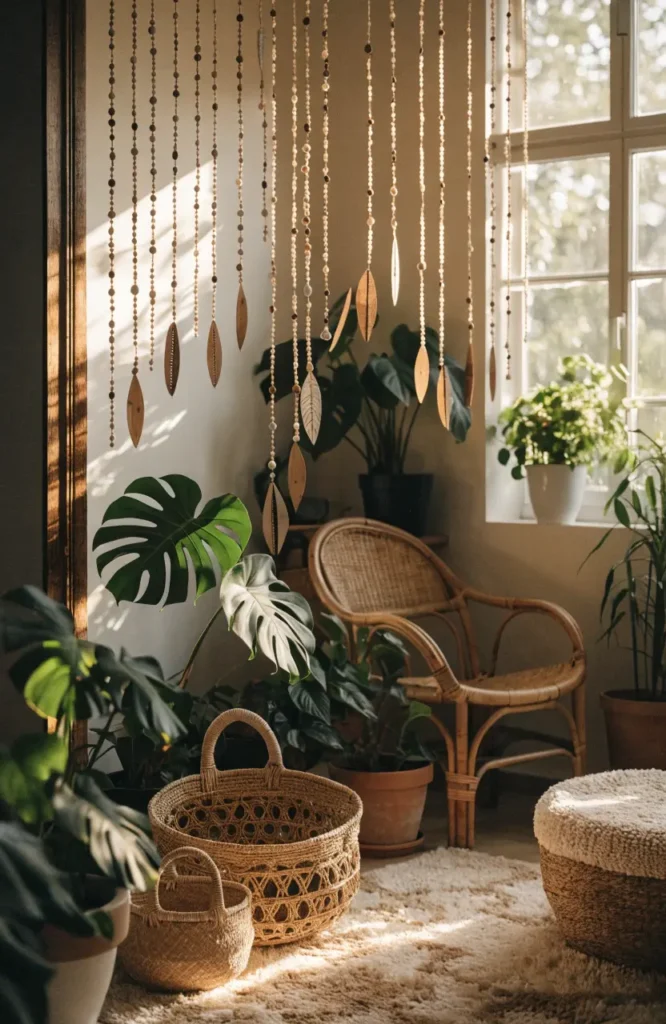 Nature-inspired DIY beaded curtain in a bright boho home.