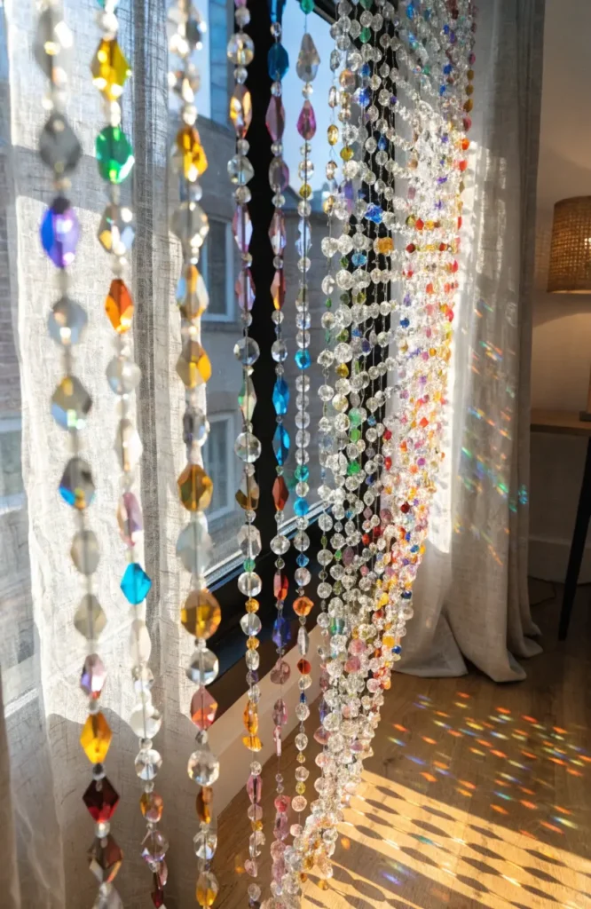 Rainbow glass beaded curtain with colorful sunlight reflections.