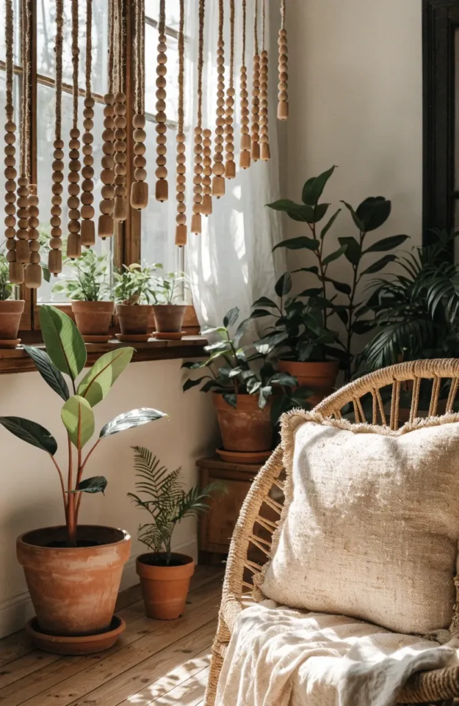 Natural wooden beaded curtain in a cozy boho home.