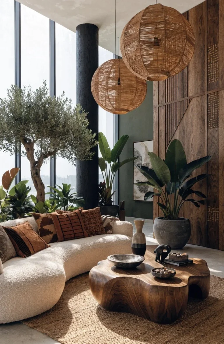 Stylish Afrocentric modern living room featuring colorful decor and cultural elements.