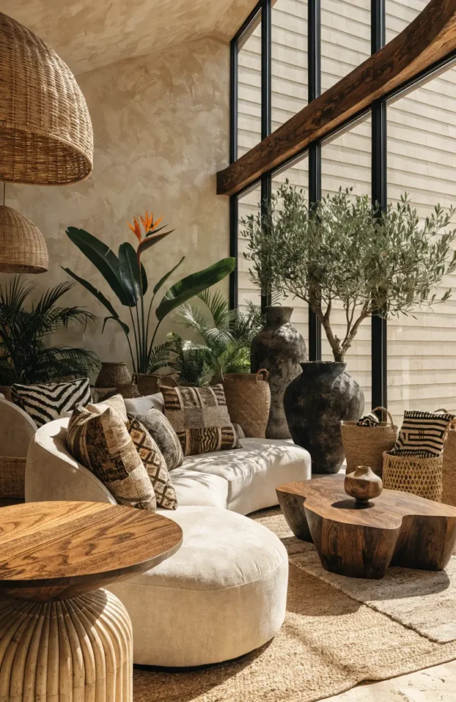 Afrocentric modern living room with a curved cream sofa, handcrafted wood furniture, woven lighting, and warm natural sunlight.