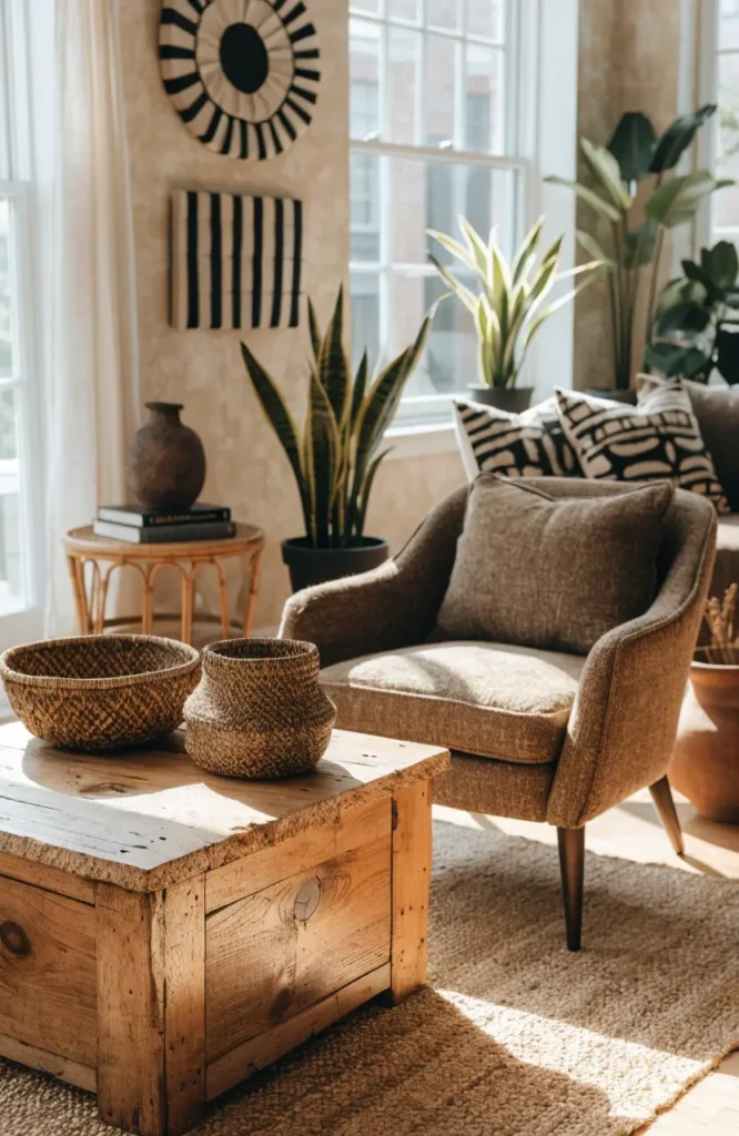 Budget-friendly Afrocentric living room with DIY wall art, thrifted furniture, and natural decor.