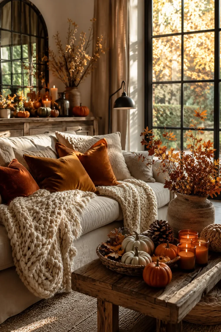 Cozy fall living room decorated with chunky knit blankets, pumpkins, candles, and warm autumn colors.