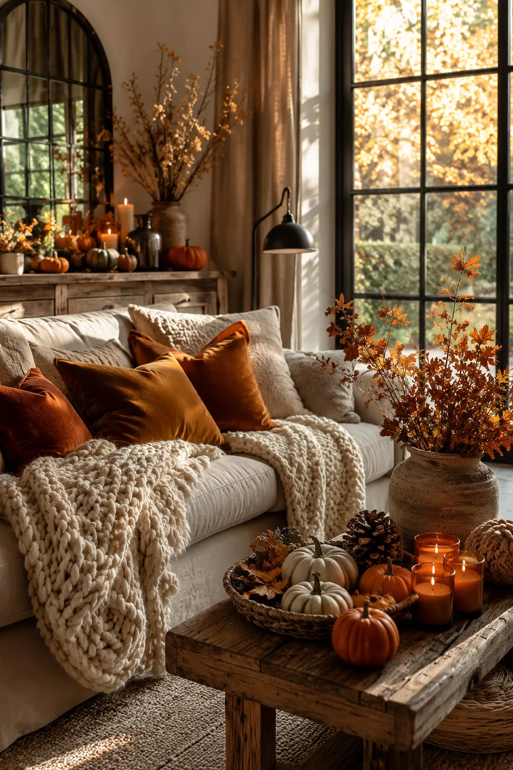 Cozy fall living room decorated with chunky knit blankets, pumpkins, candles, and warm autumn colors.