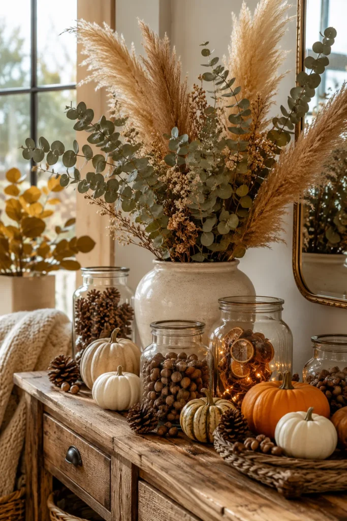 Natural fall decorations featuring dried flowers, eucalyptus, pumpkins, pinecones, and autumn branches.